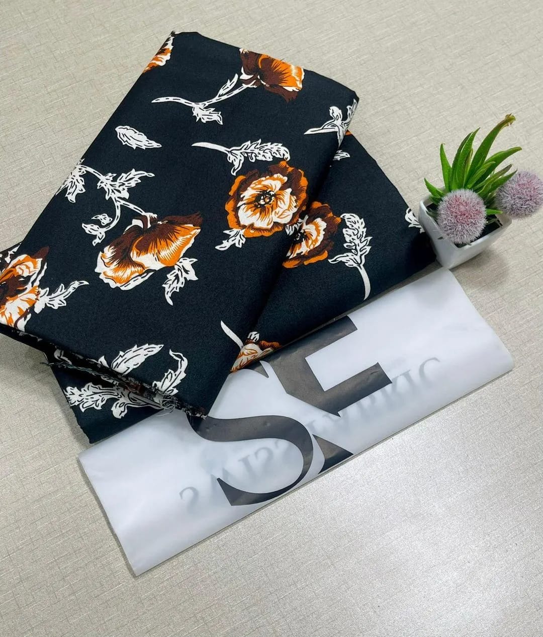 Women's Black Floral Unstitched Suit 2Pc Polo Cotton Pakistan