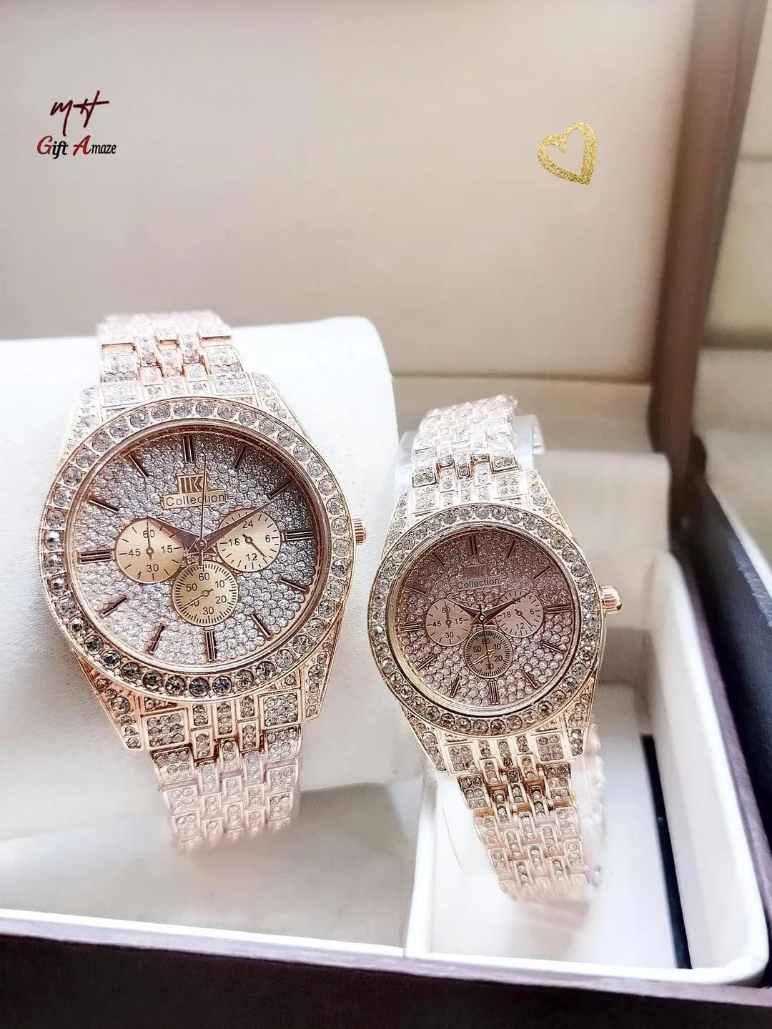 Unisex Rose Gold Couple Watches 2Pcs Crystal Chain Strap