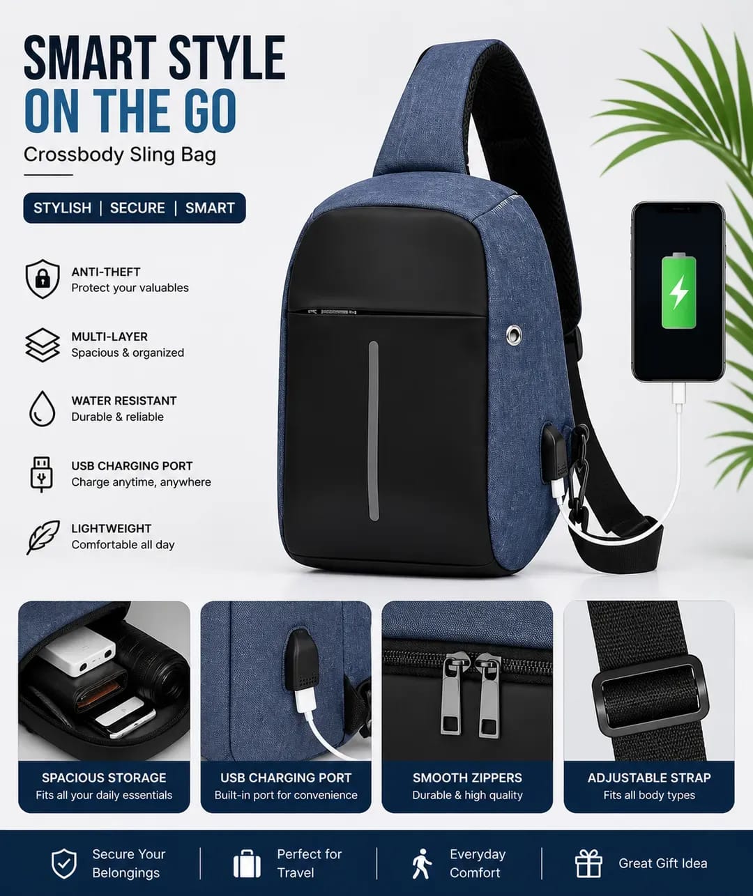 Smart Crossbody Bag with USB Charging & Anti-Theft Design
