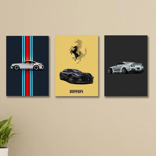 3-Piece Car Art Wall Set with Porsche Ferrari & Silver Car