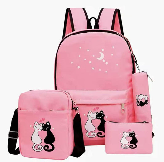 4-Piece Nylon Backpack Set with Cat Moon Design