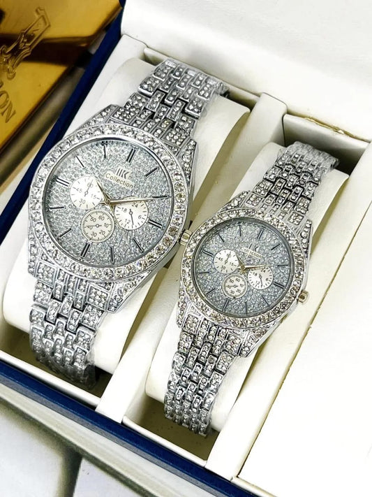 Unisex Rose Gold Couple Watches 2Pcs Crystal Chain Strap