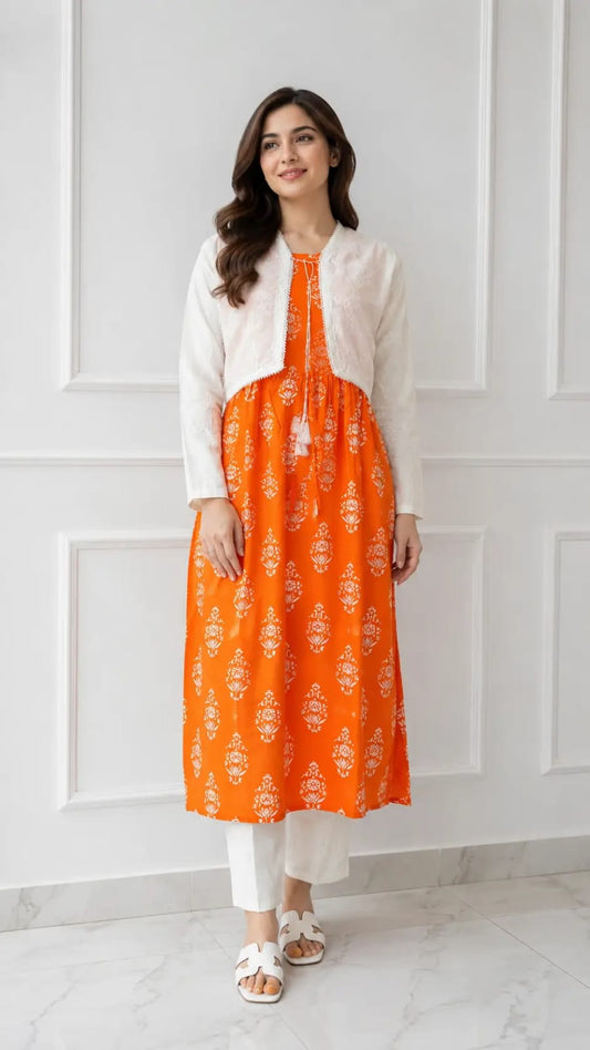 Pcs Women's Stitched Linen Block Printed Suit with Koti