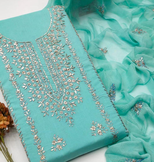 Green Gota Work 3-Piece Unstitched Suit for Weddings Eid