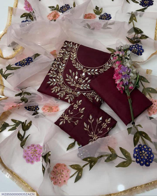 Maroon Katan Silk 3-Piece Suit with Mirror Work & Organza Dupatta