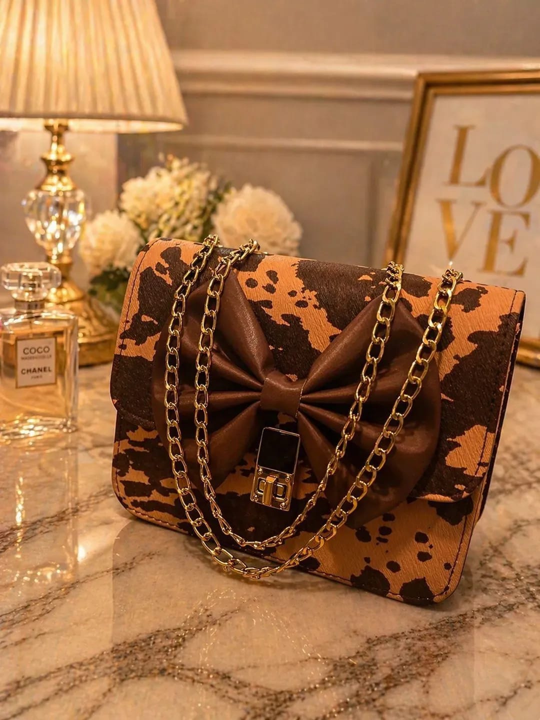 Brown Leather Chain Crossbody Bag for Girls