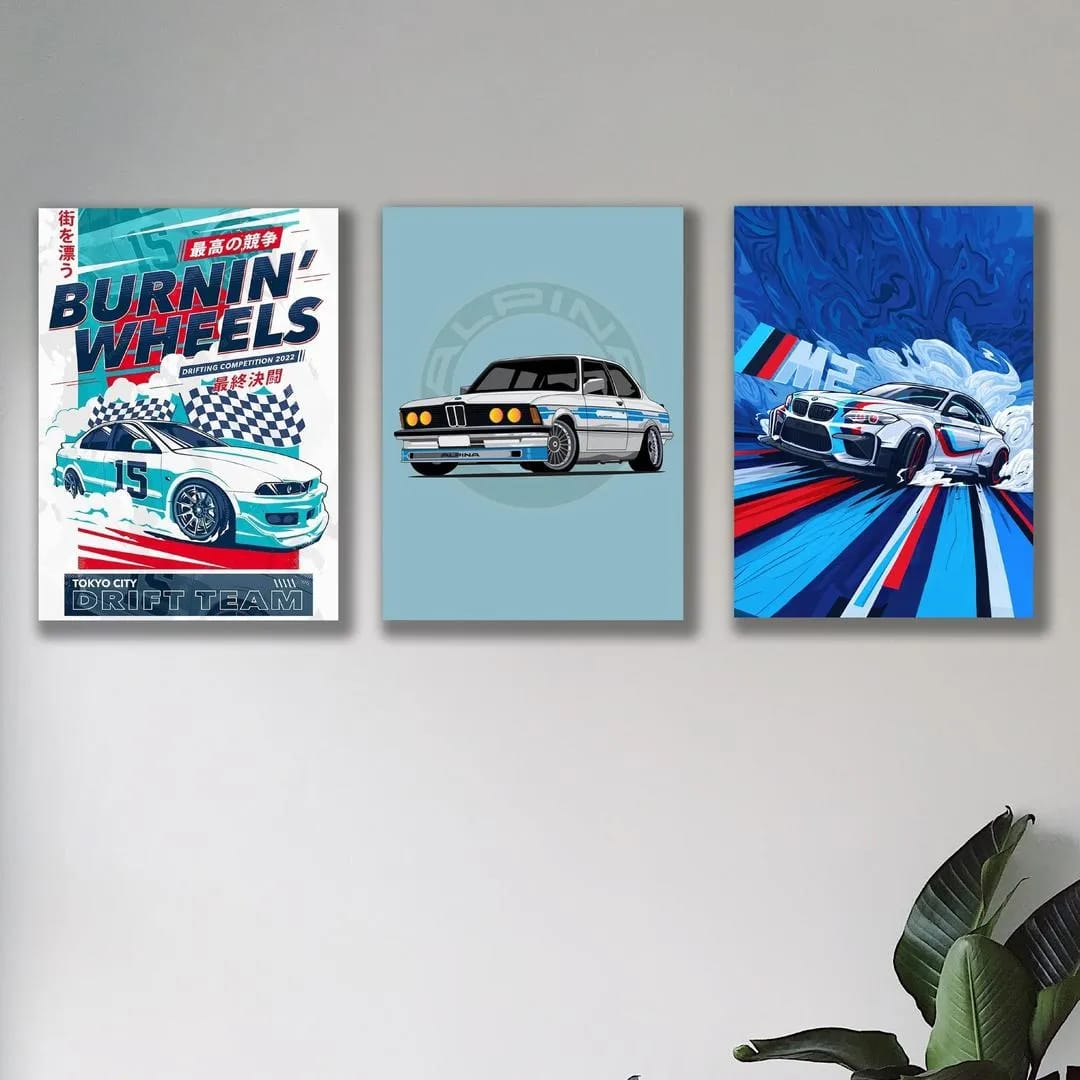 Car Wall Art Tiles Set of 3 MDF Premium Design