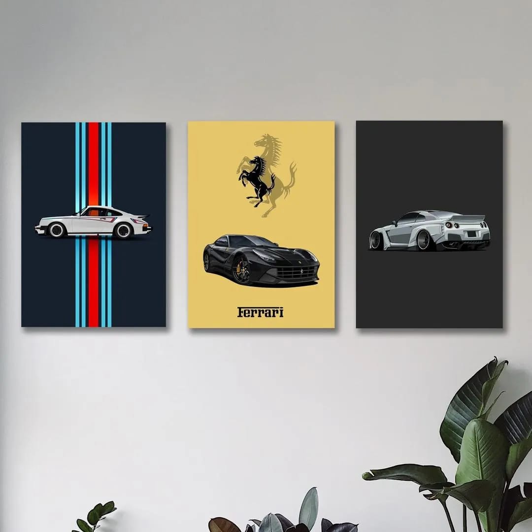 3-Piece Car Art Wall Set with Porsche Ferrari & Silver Car