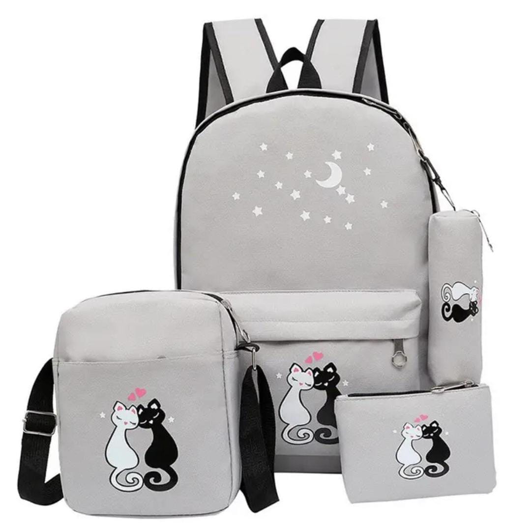 4-Piece Nylon Backpack Set with Cat Moon Design