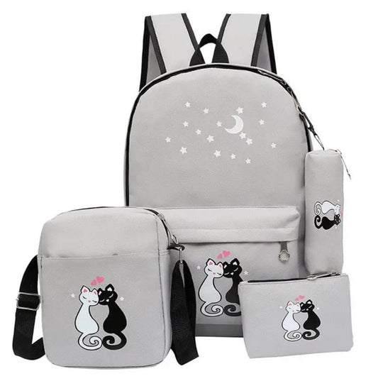 4-Piece Nylon Backpack Set with Cat Moon Design