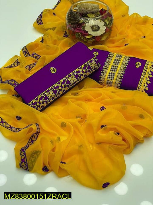 Purple Gold Embroidered 3-Piece Cotton Suit for Women