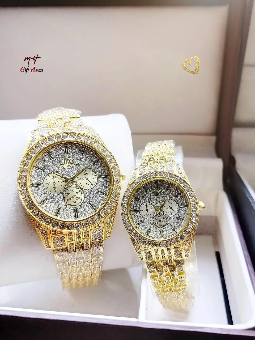 Unisex Rose Gold Couple Watches 2Pcs Crystal Chain Strap