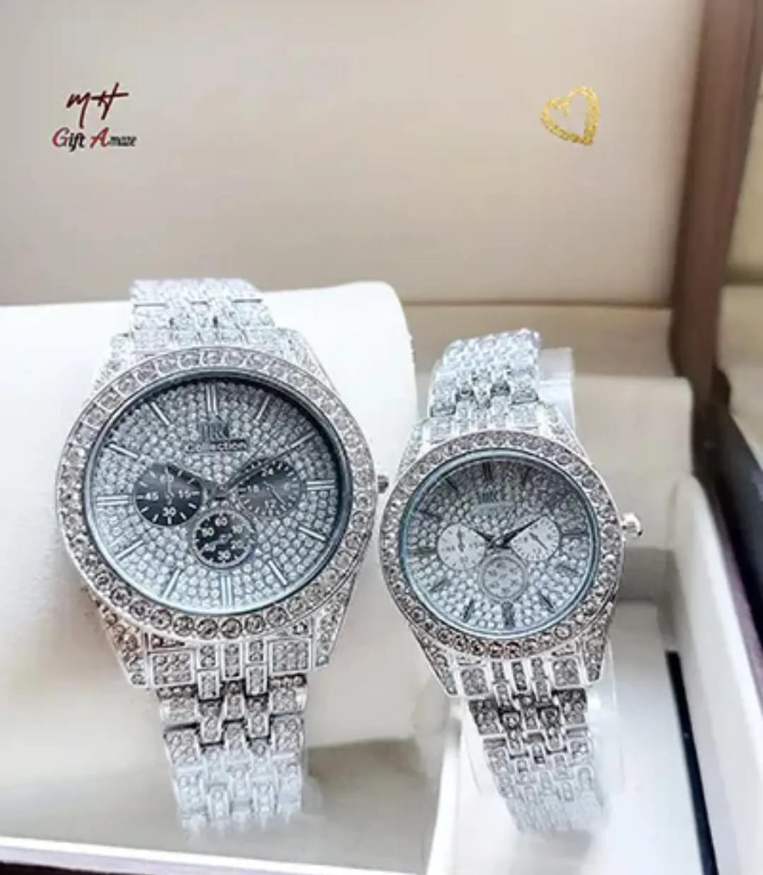 Unisex Rose Gold Couple Watches 2Pcs Crystal Chain Strap