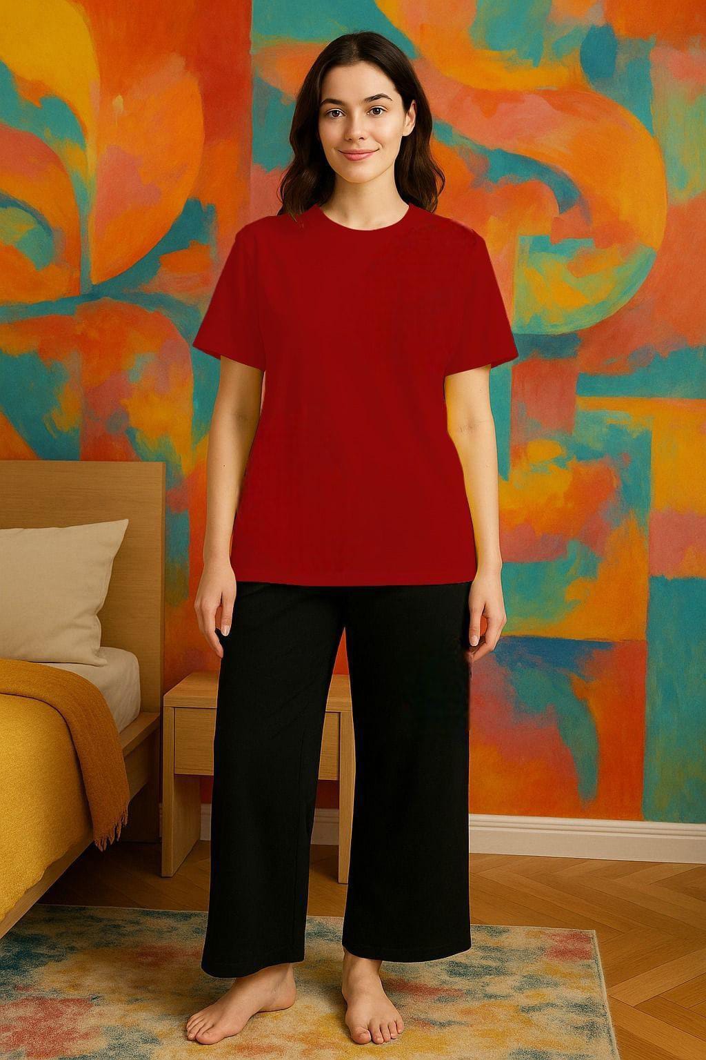 Red Black Night Suit Cotton Jersey 2-Piece Set