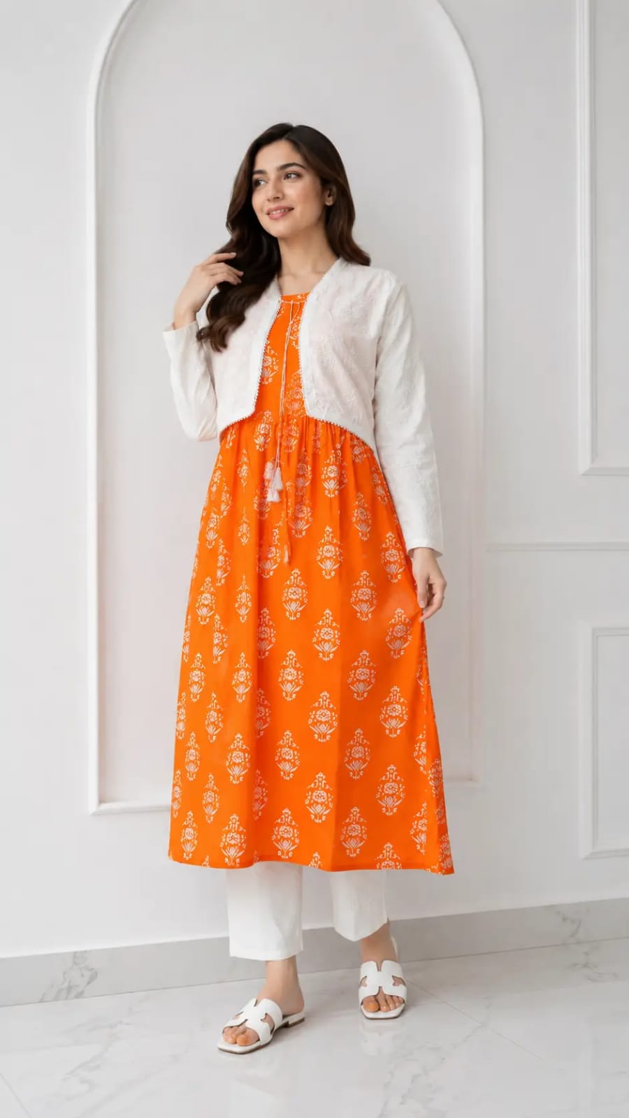 Pcs Women's Stitched Linen Block Printed Suit with Koti