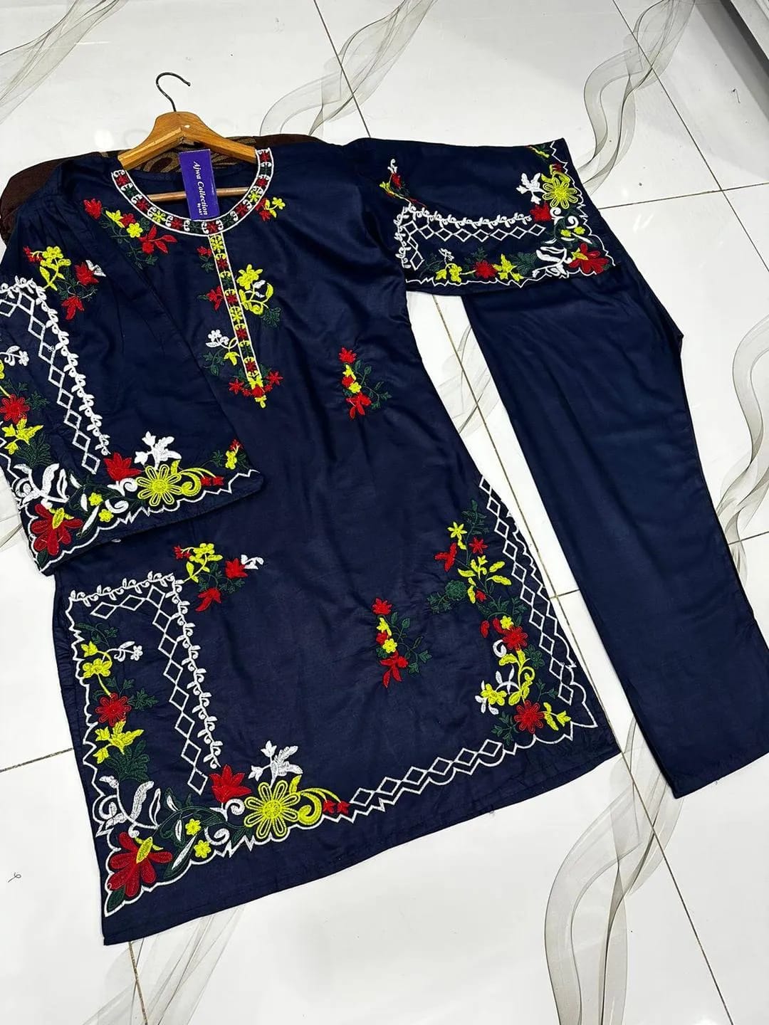 Multi Colours Embroidered Kurta Set with Trouser 2Pcs