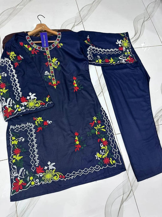 Multi Colours Embroidered Kurta Set with Trouser 2Pcs