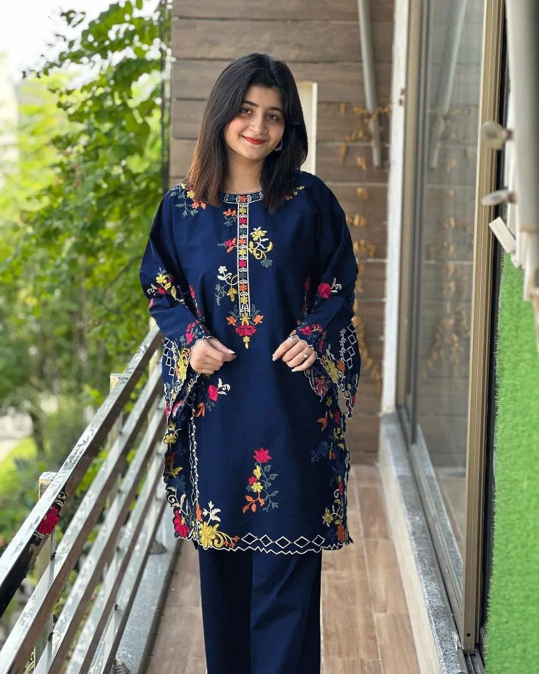 Multi Colours Embroidered Kurta Set with Trouser 2Pcs