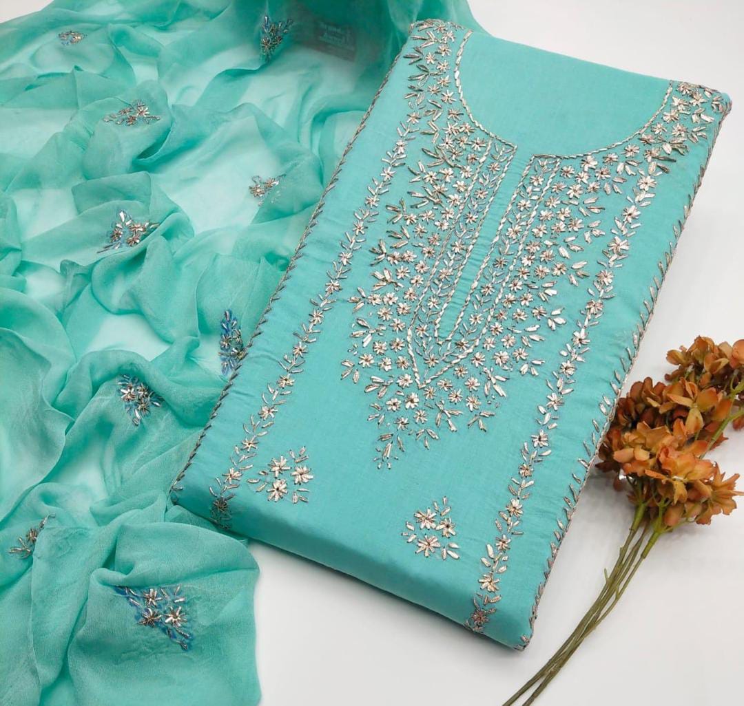 Green Gota Work 3-Piece Unstitched Suit for Weddings Eid