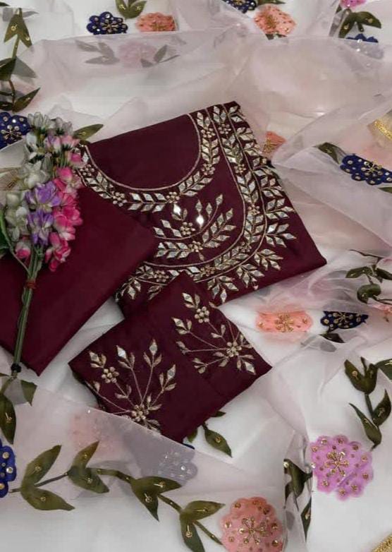 Maroon Katan Silk 3-Piece Suit with Mirror Work & Organza Dupatta