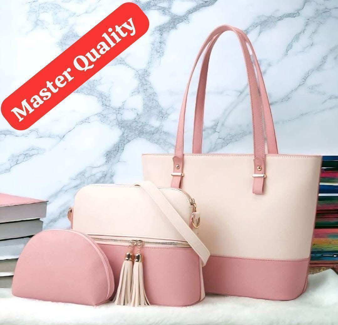 Pink Rexine 3-Piece Girls Handbag Set