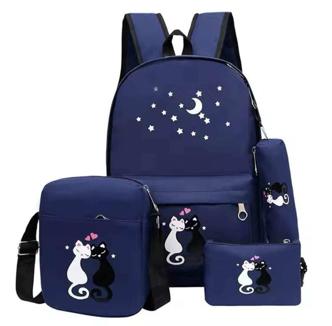 4-Piece Nylon Backpack Set with Cat Moon Design