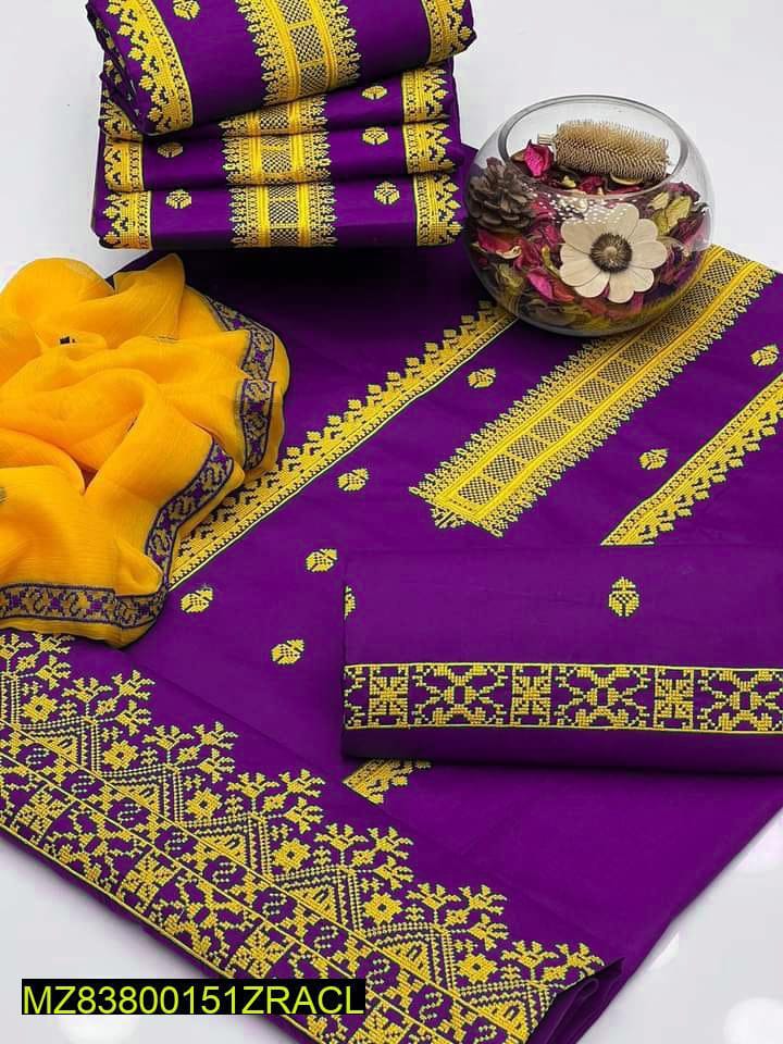 Purple Gold Embroidered 3-Piece Cotton Suit for Women