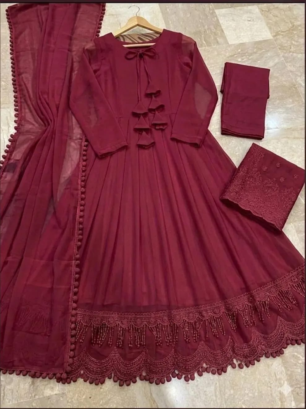 3 Pcs Women's Stitched Chiffon Plain Maxi Suit